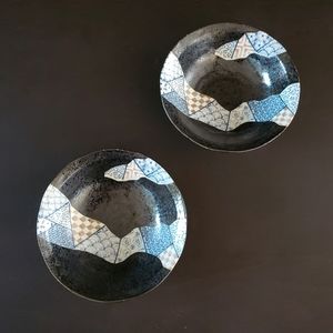 Japanese 6 3/4" Traditional Ceramic Black Blue Pattern Bowl Set x 2